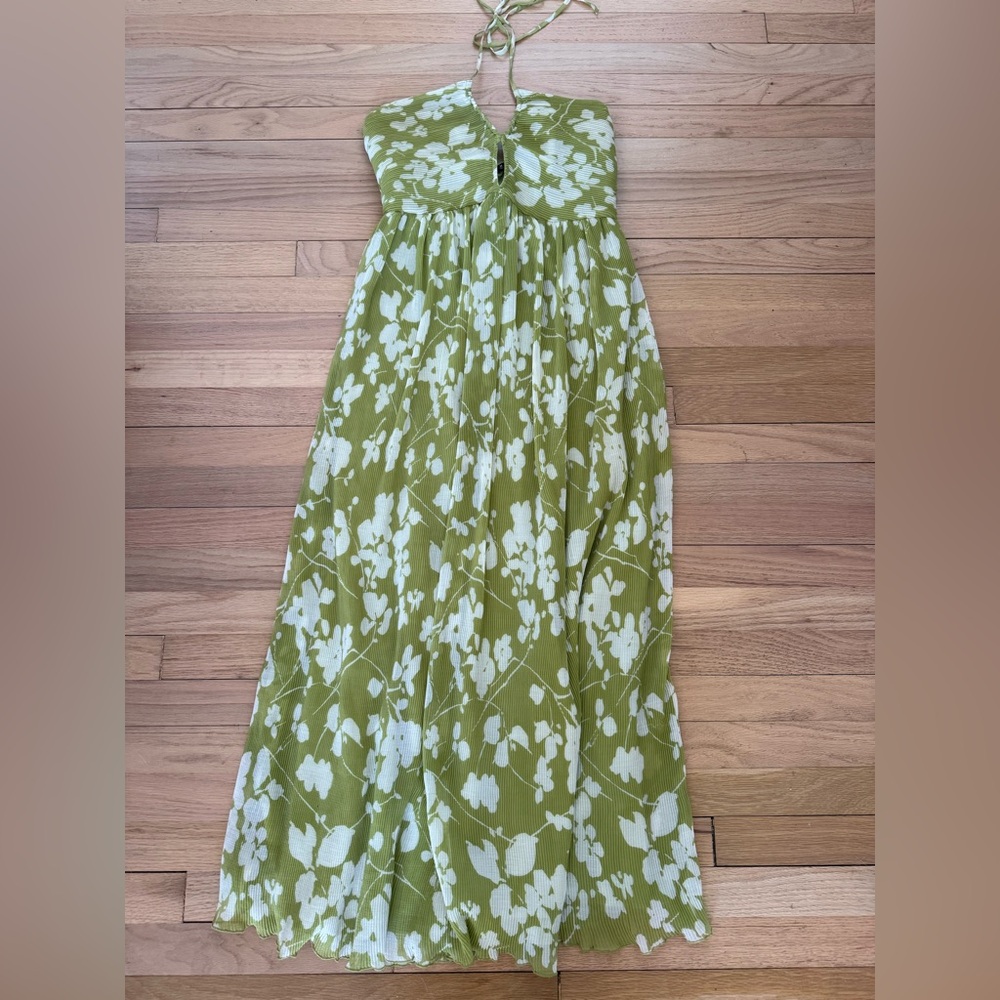 Abercrombie & Fitch Medium Green Floral Pleated Halter Maxi Dress